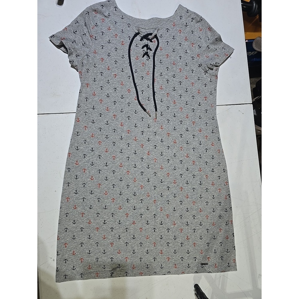 Tommy Hilfiger Gray Blue Red Anchors Lace Up Short Sleeve Dress Size‎ Large L